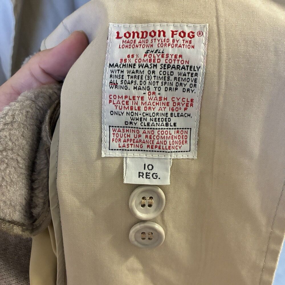 VTG London Fog Maincoats Trench Coat Beige Double Breasted Belted 10 Reg Lined - Picture 11 of 16